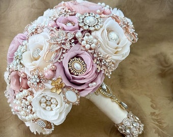 Dusty Rose Rose Gold Bridal Brooch Bouquet, Custom Handmade Bouquet, Ivory and Mauve Bouquet