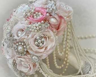SALE, Pink Cascade Bridal Brooch Bouquet, Brooch Bouquet, Quinceanera Bouquet, Ready to Ship