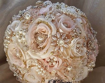 Rose Gold BROOCH BOUQUET,  Rose Gold , Blush Pink and Ivory Brooch Bouquet, SIlk Jeweled Wedding Bouquet, DEPOSIT Only