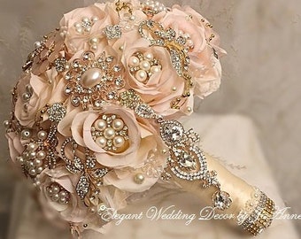 Romantic BROOCH BOUQUET, Pink and Gold Elegant Brooch Bouquet, Custom Bridal Bouquet, GOLD Jeweled Wedding Bouquet , size Options