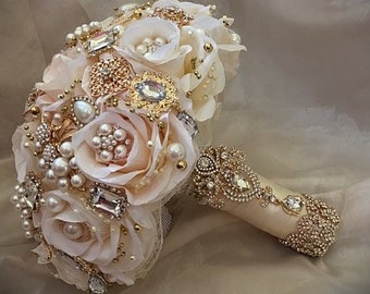 ELEGANT BROOCH BOUQUET, Pink Ivory Gold Bouquet, Silk Flower ouquet, Bridal Bouquet, Unique Bouquet, Keepsake Bouquet