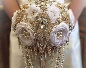 GOLD BROOCH BOUQUET, White and Gold Brooch Bouquet, Cascade Style Brooch Bouquet, White Jeweled Wedding Bouquet, Bridal Bouquet