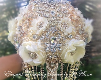 Ivory Gold BROOCH BOUQUET, Ivory and Gold Custom Wedding Bouquet, GOLD Jeweled Bridal Bouquet, Cascade Wedding Brooch Bouquet, Deposit