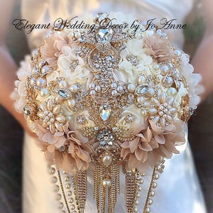 Custom Gold Bridal Brooch Bouquet, Elegant Brooch Bouquet, Vintage Brooch Bouquet, Ivory Champagne and Gold Jeweled Bouquet, DEPOSIT ONLY