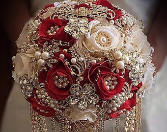 Red and Gold BROOCH BOUQUET, Bling Brooch Bouquet, Red Brooch Bouquet, Gold JEWELED Bouquet, Red Cascade Bridal Brooch Bouquet, Deposit