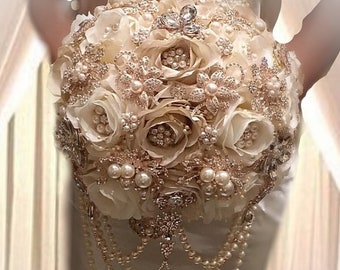 ROSE GOLD, Champagne and Ivory Wedding BOUQUET, Silk Flower Bouquet,Champagne Beige Wedding Bouquet, Jeweled Flower Bouquet