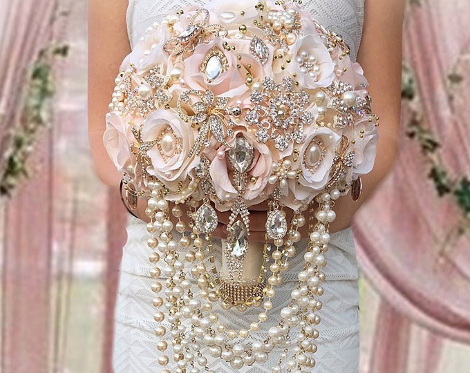 Featured listing image: CASCADE BROOCH BOUQUET, Pink Bridal Brooch Bouquet, Draping Pearl Bouquet, Pink Bouquet, Custom bouquet, Glam Bouquet