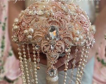 ROSE GOLD BOUQUET, Custom Cascade Rose Gold Bridal Brooch Bouquet, Brooch Bouquet, Ivory and Gold Bouquet, Rose Gold Wedding Bouquet