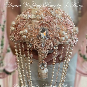 ROSE GOLD BOUQUET, Custom Cascade Rose Gold Bridal Brooch Bouquet, Brooch Bouquet, Ivory and Gold Bouquet, Rose Gold Wedding Bouquet