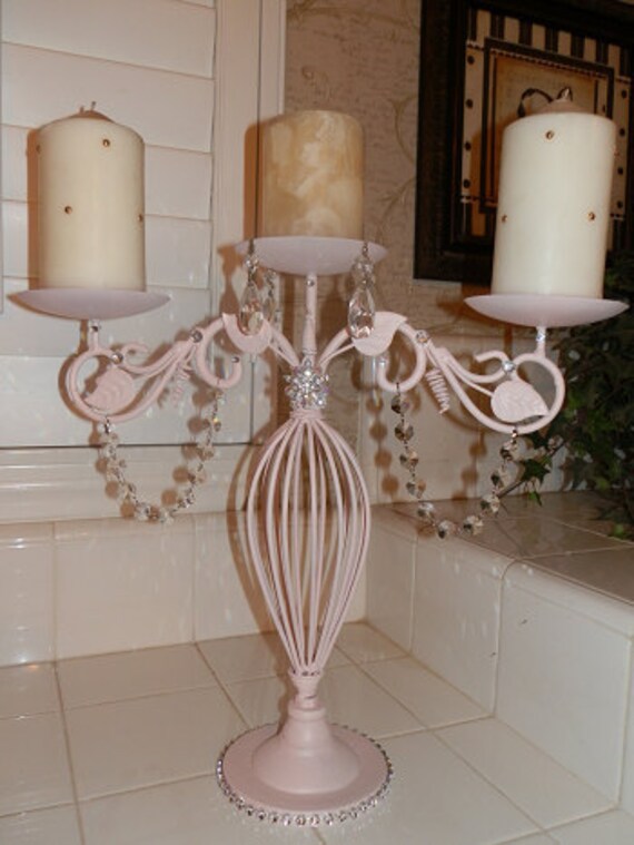 Items similar to PRETTY PINK Candle Holder Shabby Chic 3 Arm "Custom" PROMO on Etsy