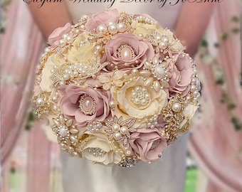 Dusty Rose, Mauve and Ivory Jeweled Bouquet, Rose Gold Brooch Bouquet, Silk Rose Jeweled Bridal Bouquet, Wedding Bouquet