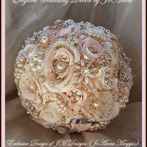 Silk Wedding Brooch Bouquet - Blush Pink & Gold, Rhinestone Jewelry, Handmade, 7.6x7.6x10.8", Bride Bouquet