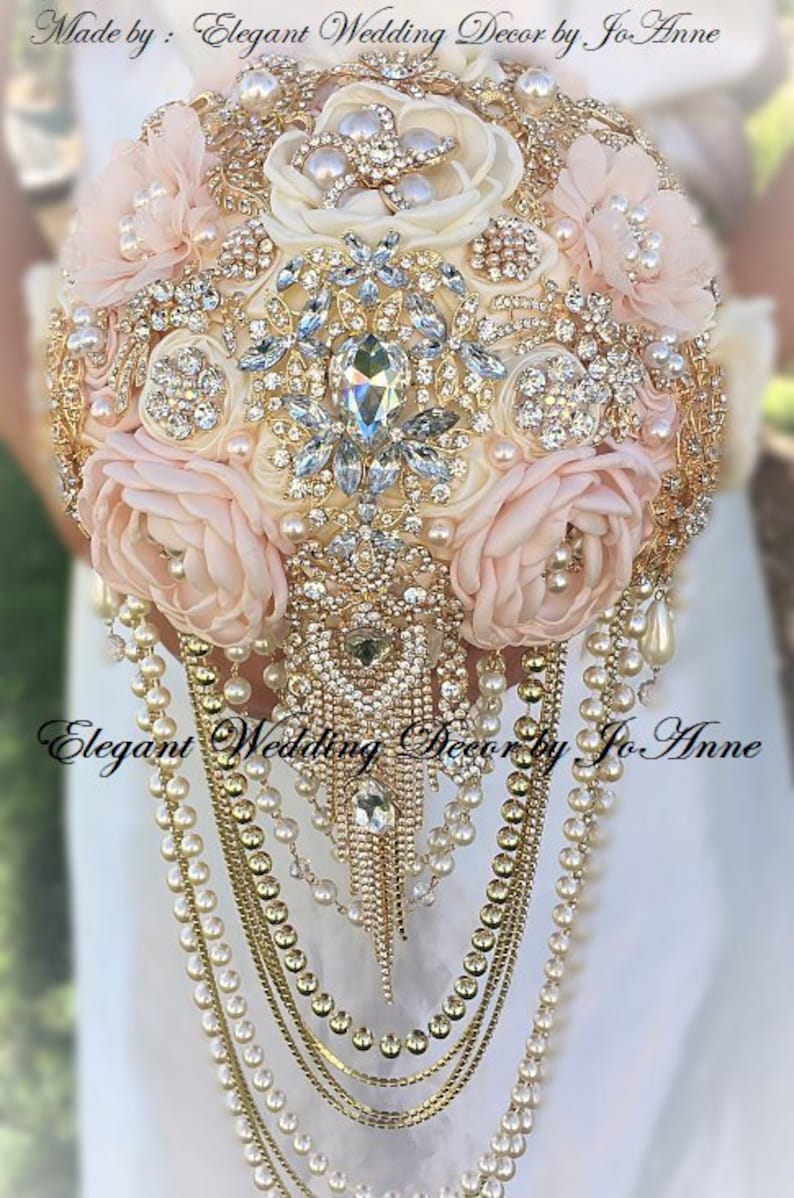 GOLD Brooch Bouquet,Deposit Jeweled WEDDING BOUQUET Handmade Brooch Bouquet Dazzling Pink and Gold Cascading Pearl Brooch Bouquet