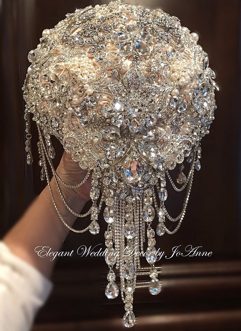 Bridal Wedding Brooch Bouquet Teardrop Cascading Silver Gray