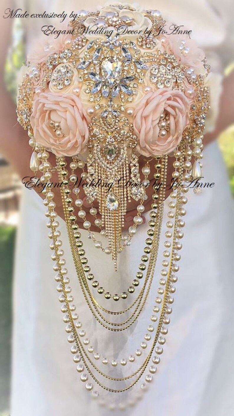 GOLD Brooch Bouquet,Deposit Jeweled WEDDING BOUQUET Handmade Brooch Bouquet Dazzling Pink and Gold Cascading Pearl Brooch Bouquet