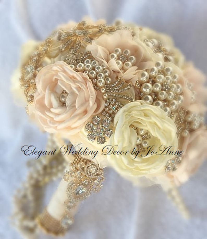 GOLD Brooch Bouquet,Deposit Jeweled WEDDING BOUQUET Handmade Brooch Bouquet Dazzling Pink and Gold Cascading Pearl Brooch Bouquet
