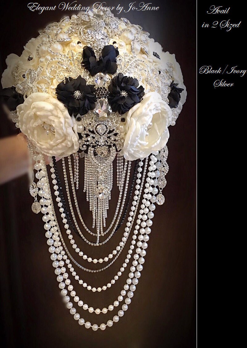 Black And Ivory Cascading Bridal Brooch Bouquet Custom Cascade