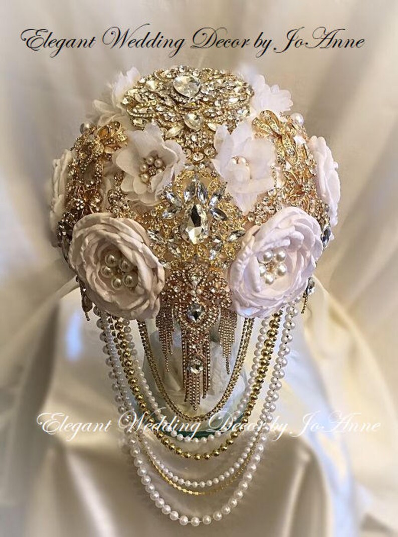 GOLD BROOCH BOUQUET White and Gold Brooch Bouquet Cascade Etsy