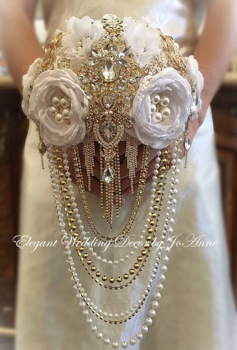 GOLD BROOCH BOUQUET White and Gold Brooch Bouquet Cascade Etsy
