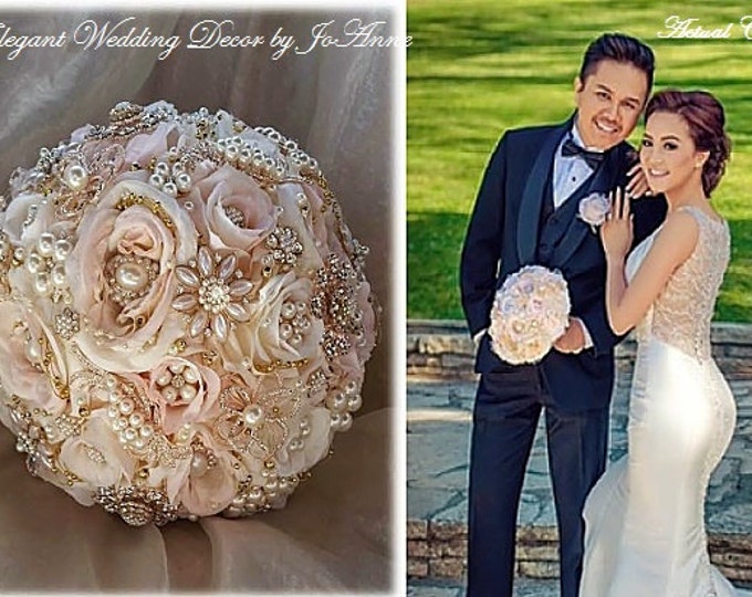 Featured listing image: ROSE GOLD Silk Flower Brooch Bouquet, Pink Ivory and Gold Elegant Jeweled Bouquet, Brooch Bouquet, Rose Gold Bouquet, DEPOSIT