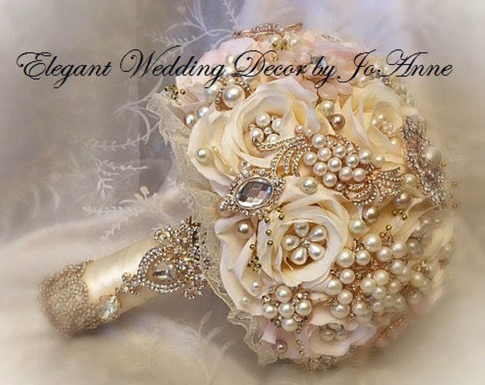 Featured listing image: Vintage Bridal Brooch Bouquet, Cream Ivory Wedding Bouquet, Gold Jeweled Bouquet, Brooch Bouquet, Unique Bouquet, Silk Flower Bouquet