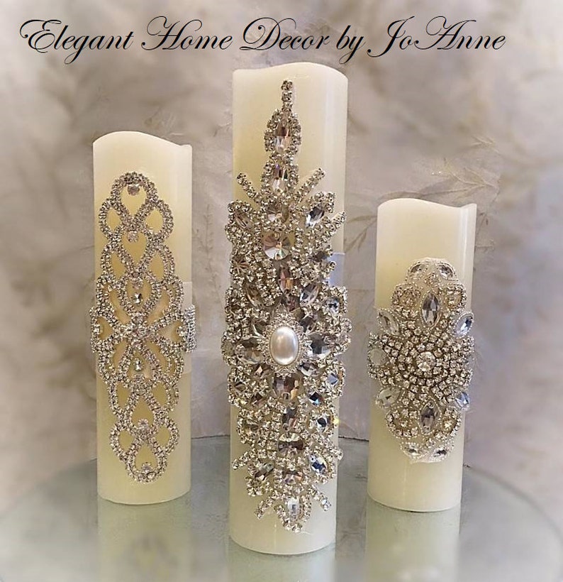 Candle Set, Flickering LED Wax PILLAR CANDLE set, Assorted Embellished Rhinestone Candles, Bling Candles, Pillar Candles, Jeweled Candles image 2