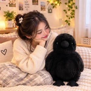 Puede incluir: Un juguete de peluche de pájaro negro con cuerpo redondo, pelaje suave y texturizado, ojos negros pequeños y un pico redondeado. El animal de peluche está colocado sobre una superficie blanca texturizada, con un pelaje denso y patas palmeadas.