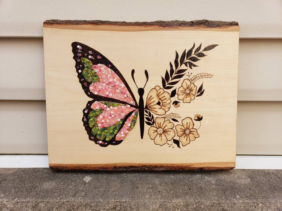 Butterfly Wood Burned Sign Butterfly With Flowers and Beads Etsy