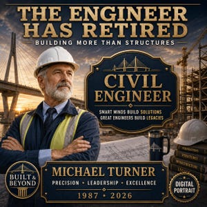 May include: A digital portrait featuring a mature engineer in a white hard hat and high-visibility vest. Text reads: THE ENGINEER HAS RETIRED, CIVIL ENGINEER, MICHAEL TURNER, PRECISION, LEADERSHIP, EXCELLENCE, 1987-2026, and other professional phrases.