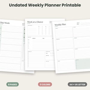 Può includere: Un set di pianificatori settimanali non datati stampabili, composto da tre pagine bianche con testo nero e accenti verde chiaro. Le pagine includono intestazioni come This Week, Week at a Glance e Weekly Plan, con sezioni per attività giornaliere.