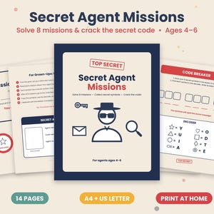 Könnte beinhalten: Ein druckbares Aktivitätsset mit dem Titel Secret Agent Missions für Kinder von 4-6 Jahren. Die Seiten zeigen ein dunkelblaues Cover mit einem Spion-Symbol, einer Lupe, einem Schlüssel und einem Umschlag. Enthält Missionsblätter und einen Decoder.