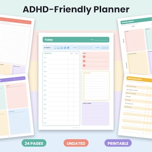 May include: A set of ADHD-Friendly Planner pages featuring pastel-coloured sections. The sheets include a Today schedule, Brain Dump, Priority Matrix, My Dopamine Menu, and Morning Routine. Each page contains organised lists, checkboxes, and headers.