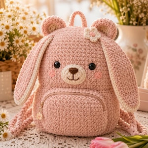 May include: A light pink crochet backpack shaped like a bear with long floppy ears, a cream-colored muzzle, black eyes, and a small white flower accent. The bag features a front zippered pocket with a gold flower-shaped zipper pull and straps.
