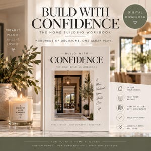 Puede incluir: Un libro de trabajo blanco titulado Build With Confidence The Home Building Workbook con una foto de la entrada de una casa. El texto incluye Dream It, Plan It, Build It, Love It, y pasos como Define Your Vision y Plan Your Budget.