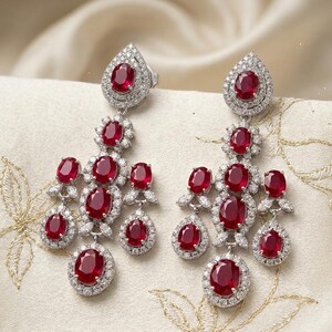 3 CT Natural Round Diamond Ruby Earrings 14K Solid White Gold, Real Ruby Drop Earrings, Diamond Dangle Earrings, Fine Jewelry Gift For Her