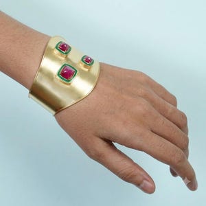 18K Solid Yellow Gold Ruby Bangle Bracelet 120g, Luxury Hand Cuff Bracelet for Women, Wedding Gift, Bridal Jewelry, Fine Gold Jewelry