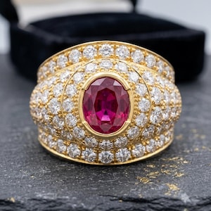 Natural Ruby Diamond 18k Yellow Gold Ring 2.02ct Thai Ruby Fine Estate Jewelry, Vintage Halo Cocktail Ring, Certified Gemstone, Gift for Her