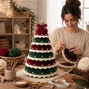 Puede incluir: Un árbol de Navidad de ganchillo en forma de cono con bandas horizontales alternas de hilo rojo oscuro y verde bosque. El árbol está decorado con un borde festoneado blanco en cada nivel y pequeñas cuentas blancas, rematado con una estrella dorada.