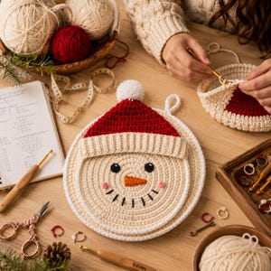 Op de afbeelding: Een ronde, gehaakte pannenlap in de vorm van een sneeuwpop met een crèmekleurig gezicht, een rode muts met een witte pompon, zwarte ogen, een kleine oranje wortelneus, roze wangen en een geborduurde zwarte mond, omringd door garen, haaknaalden en schaar.
