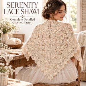 Peut inclure: Un châle en dentelle triangulaire de couleur crème présentant un motif au crochet complexe avec un bord festonné. Le texte SERENITY LACE SHAWL Complete Detailed Crochet Pattern est visible en haut de l'image sur un fond neutre et doux.