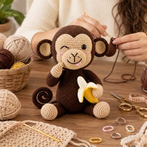 Könnte beinhalten: Eine gehäkelte Affenpuppe mit dunkelbraunem Fell, einem hellbeigen Gesicht und rosa Wangen. Der Affe hat einen zwinkernden Ausdruck, eine kleine herausgestreckte Zunge und hält eine gelbe gehäkelte Banane. Er hat runde Ohren, einen geringelten Schwanz sowie beige Hände.