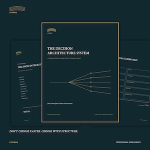 Puede incluir: Un documento de color verde azulado oscuro titulado The Decision Architecture System con texto y líneas doradas. Presenta un diagrama central que muestra una línea que se ramifica en cinco puntos, con el texto Don't choose faster. Choose with structure.