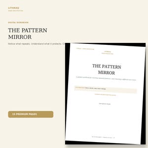以下が含まれることがあります： Lithraq Inner Architectureによるデジタルワークブック「The Pattern Mirror」。表紙にはタイトル、繰り返されるパターンに関するサブタイトル、notice、decode、map、meet、redesignという5つの実践項目、そして著者Juan Ignacio Zungriの名前が記載されています。