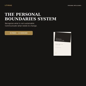 May include: A digital product titled The Personal Boundaries System by Lithraq, featuring 84 pages and 21 exercises. The text reads: Recognize what is not sustainable. Communicate what needs to change. A small preview of the book cover is shown.