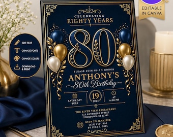 Editable 80th Birthday Invitation, Blue Silver Balloon Party (Canva Template)
