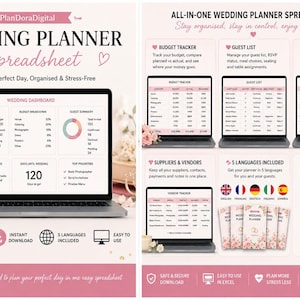 May include: A digital wedding planner spreadsheet displayed on a laptop screen, featuring a dashboard with budget, guest, and checklist trackers. The interface includes sections for suppliers, vendors, and a countdown timer, all presented in a soft pink colour scheme.