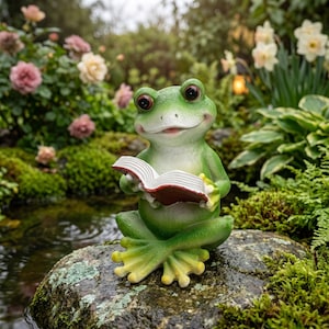 Peut inclure: Une figurine de grenouille verte assise en tailleur tenant un livre ouvert. La grenouille a de grands yeux sombres, un ventre clair et des doigts aux extrémités jaunes. Le livre présente des pages blanches et une couverture rouge foncé.