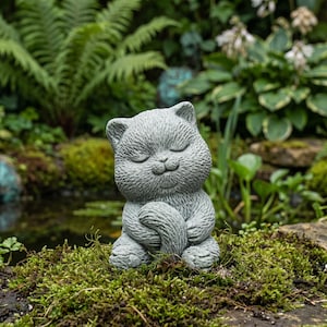 Juego de 4 figuras de gatos o una sola, pequeña estatua de gato de piedra, gato durmiendo, gato estirándose, mini escultura de gato gris para maceta o jardín zen.