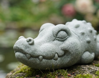 Alligator Figurine, Baby Crocodile Statue, Stone Animal Garden Statue, Fairy Garden Decor, Cute Sleeping Gator Desk Decor Gift