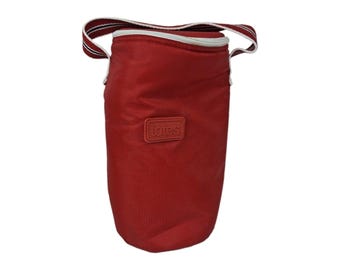 Vintage Totes Rote Nylon Zylindrische Isolierte Flaschenkühltasche Gestreifter Riemen